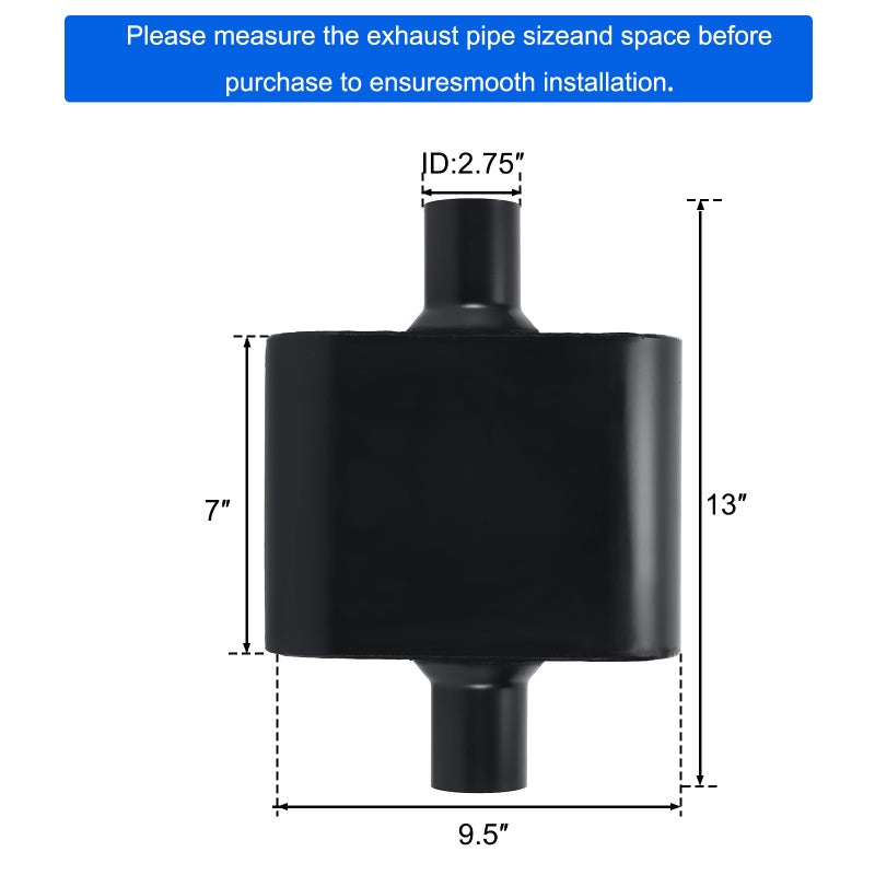 Floshine Universal Mufflers Performance Automotive Exhaust Muffler Single Chamber 2.75 inch inlet (ID) 2.75 inch outlet (ID) Black FH427109 - Image 2